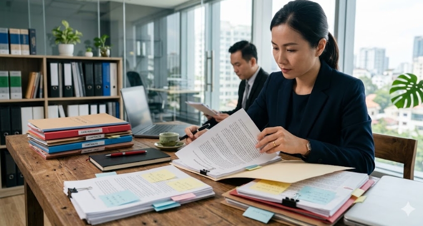 Hồ sơ tranh chấp và tài liệu pháp lý được sắp xếp trên bàn