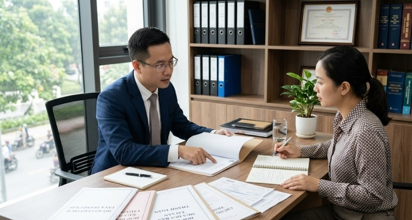 Khách hàng trao đổi với luật sư về tranh chấp tài sản