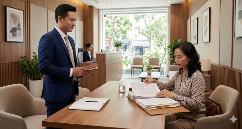 Khách hàng chuẩn bị hồ sơ trước buổi tư vấn với luật sư