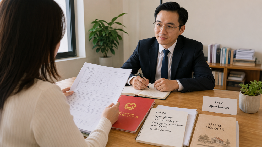 Khách hàng chuẩn bị giấy tờ đất để làm việc với luật sư