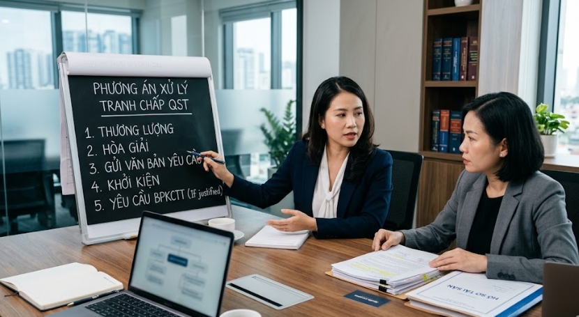 Khách hàng làm việc với luật sư về phương án xử lý tranh chấp