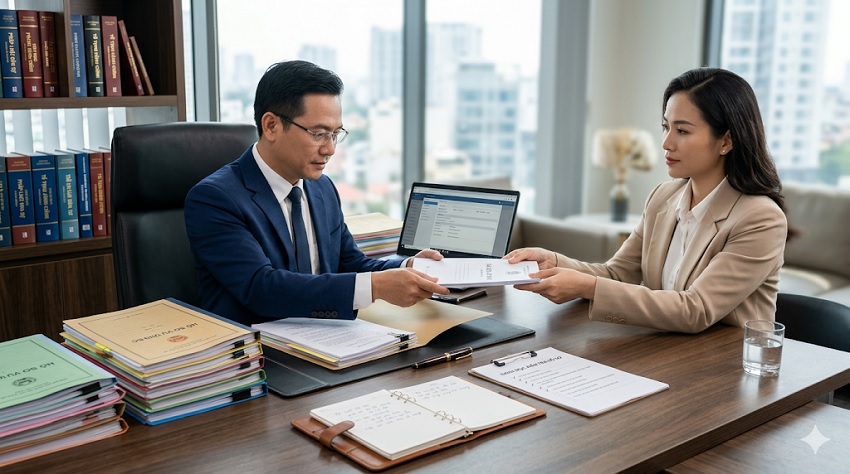 Luật sư hỗ trợ khách hàng trong buổi làm việc