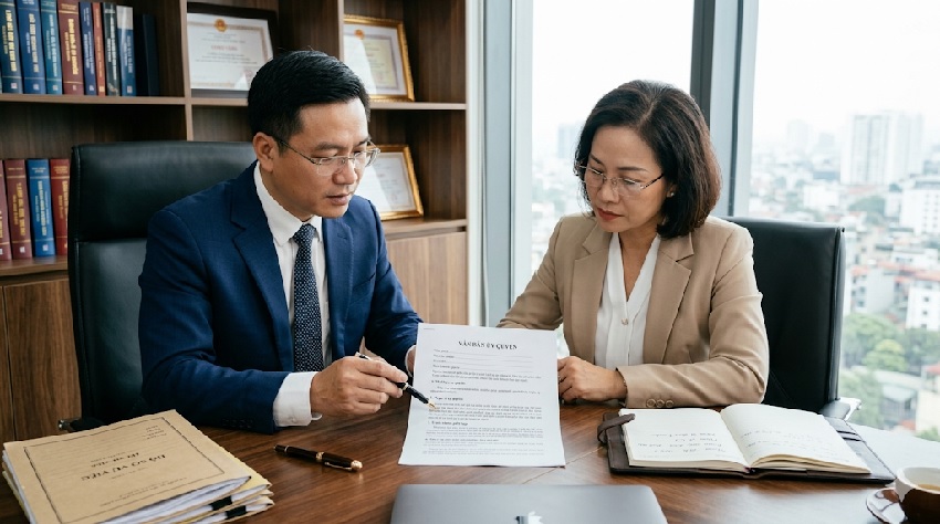 Khách hàng xem xét văn bản ủy quyền cùng luật sư