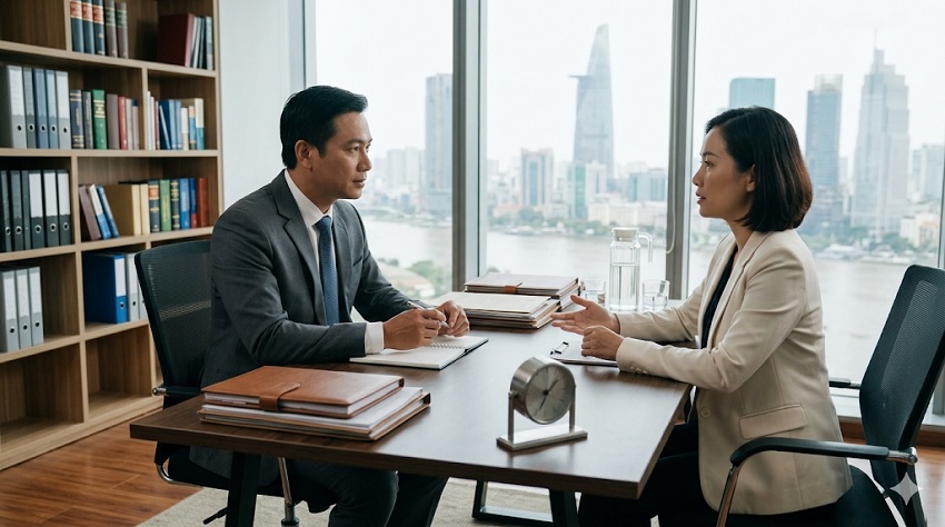 Luật sư tranh tụng đang xem xét hồ sơ tại văn phòng