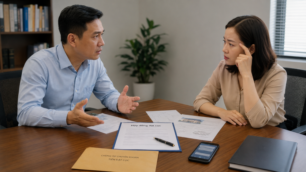 Hai bên trao đổi về tranh chấp đặt cọc nhà đất