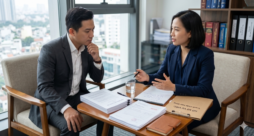 Khách hàng trao đổi với luật sư về tranh chấp hợp đồng