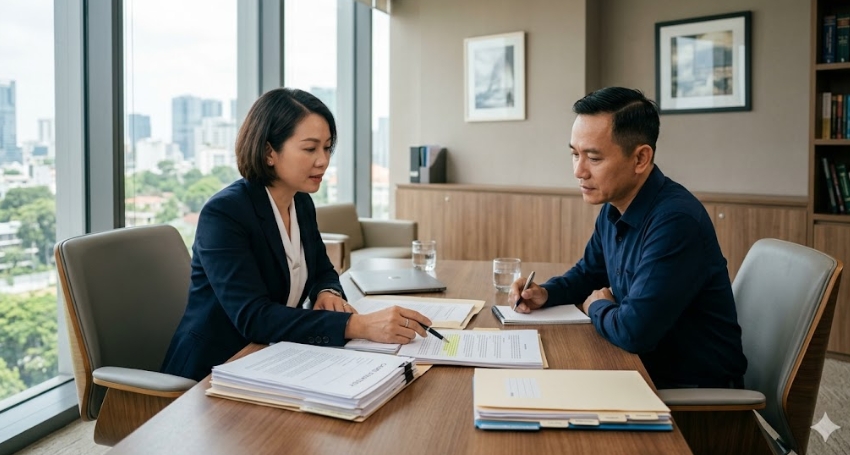 Khách hàng trao đổi chiến lược xử lý tranh chấp cùng luật sư
