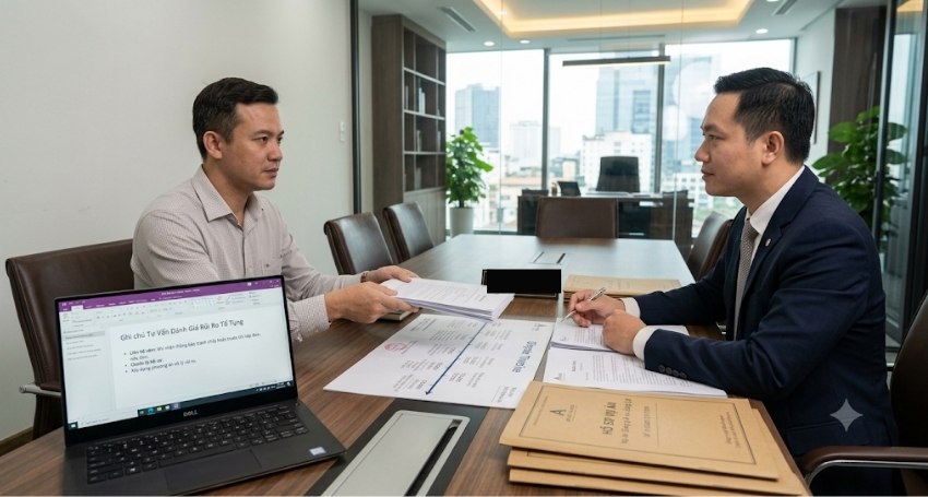 Khách hàng trao đổi hồ sơ vụ án với luật sư