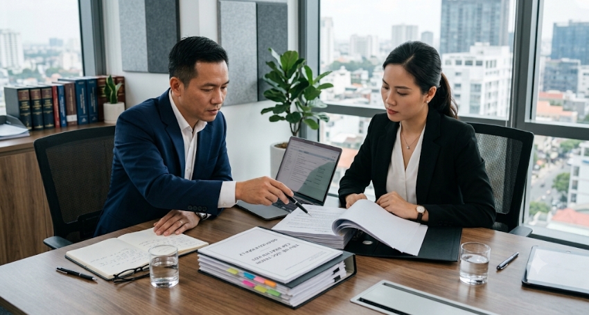 Đại diện doanh nghiệp trao đổi với luật sư tranh tụng