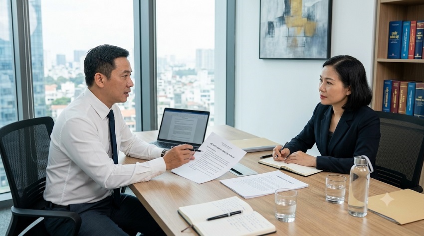 Khách hàng trao đổi phạm vi công việc và chi phí với luật sư