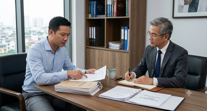 Khách hàng trao đổi hồ sơ với luật sư trước phiên tòa