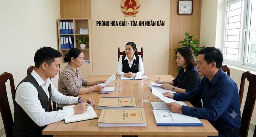 Phòng họp Tòa án trong một phiên hòa giải dân sự