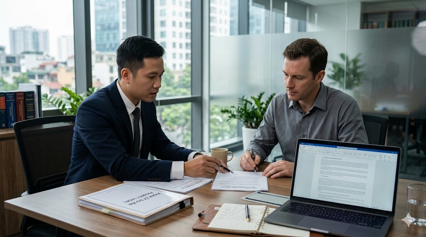 Khách hàng nước ngoài trao đổi pháp lý với luật sư