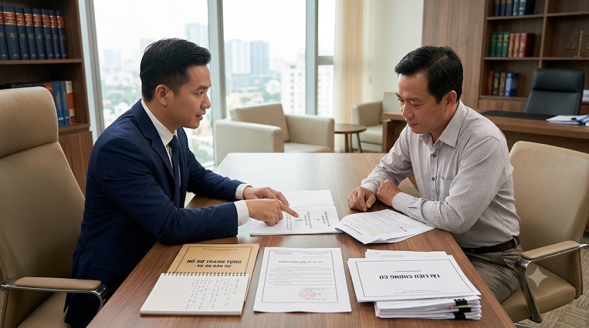 Khách hàng trao đổi thời điểm thuê luật sư tranh tụng
