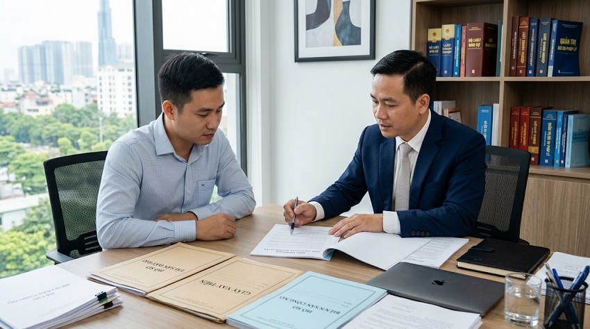 Khách hàng trao đổi hồ sơ với luật sư trong văn phòng