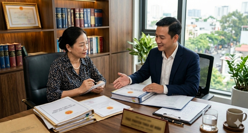 Khách hàng trao đổi hồ sơ thừa kế với luật sư